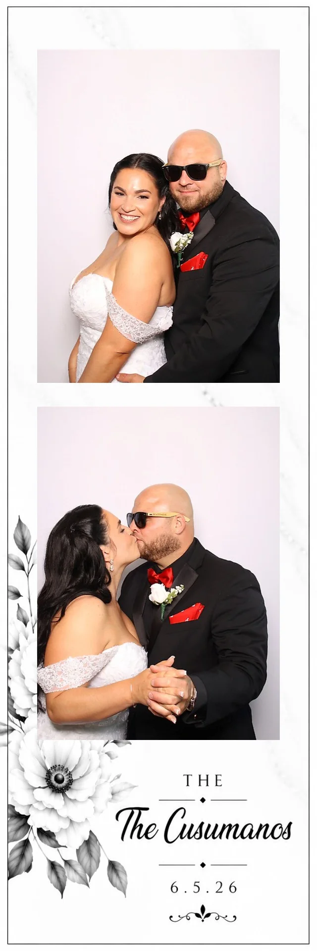 Newlyweds smiling and kissing in a custom black and white floral photo strip
